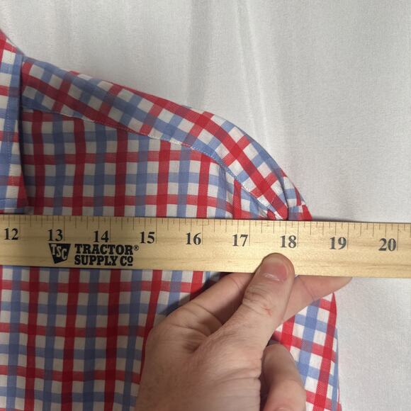 THOMAS DEAN Men's Red Blue Plaid Cotton Button Up Dress Shirt Size Medium - Picture 7 of 9